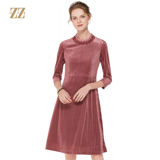 佐尔美新品秋季新品纯色淡雅修身束腰中长群丝绒连衣裙E83LL25 商品图0