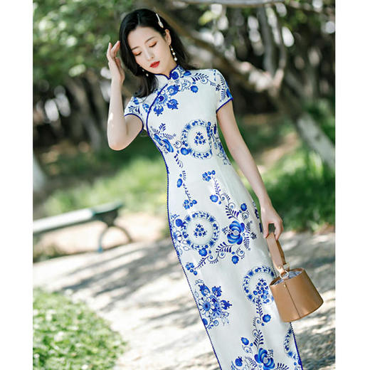 SYK-186157复古中国风青花瓷提花棉旗袍 商品图0