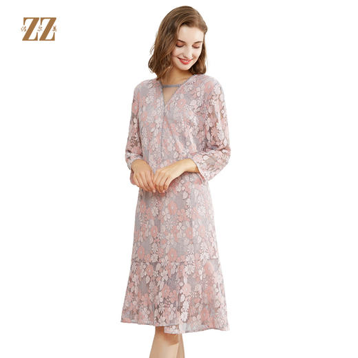 秋季新款气质优雅减龄显瘦蕾丝七分袖连衣裙E93LL22 商品图0