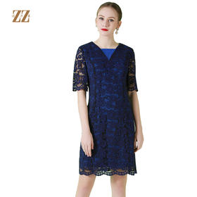 佐尔美春款女装纯色蕾丝印花修身显瘦复古中袖连衣裙E71LL14