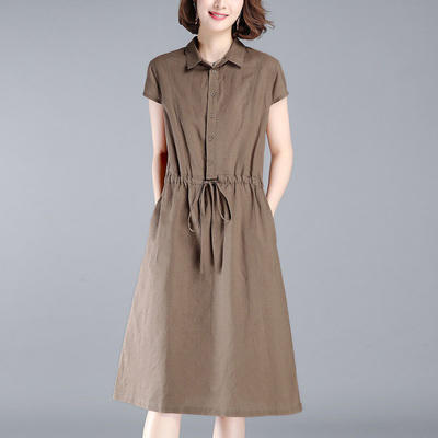 XFFS-1918新款棉麻显瘦纯色中长款大码宽松收腰裙子 商品图2