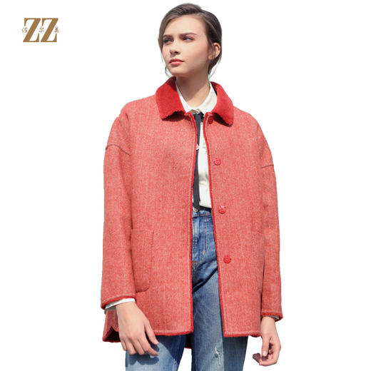 佐尔美冬季新品格纹两面穿女士中老年羊剪绒外套呢外套E84YJ36 商品图0