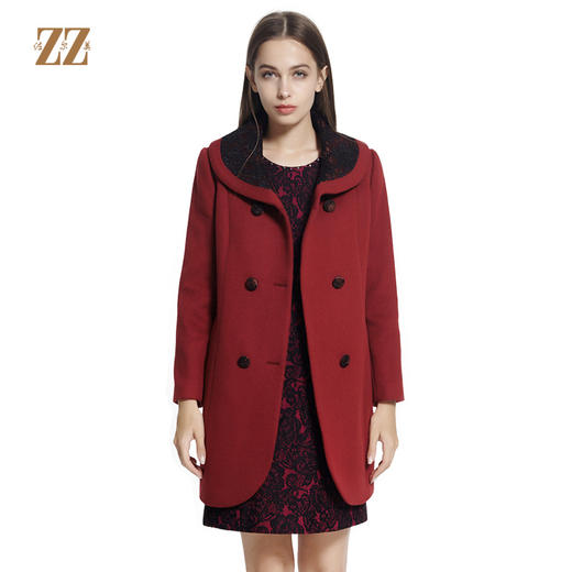 佐尔美新品秋冬新品纯色单排扣印花领中长款毛呢外套E64ZZ28 商品图0