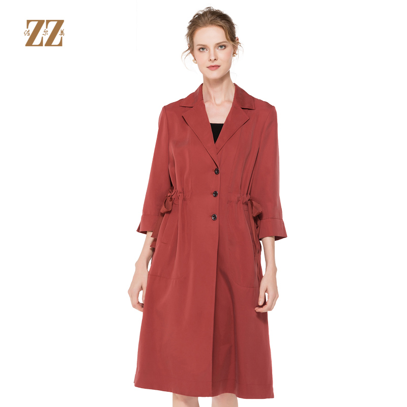 佐尔美新品秋季新品女士修身收腰七分袖气质V领长外套E81FZ15