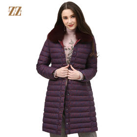 佐尔美新品冬季新品格纹毛领中长款中老年女士羽绒服E74YH13
