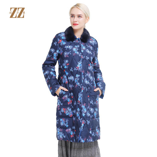 佐尔美冬季新款印花修身长款貂毛领羽绒服女E84YO04 商品图0