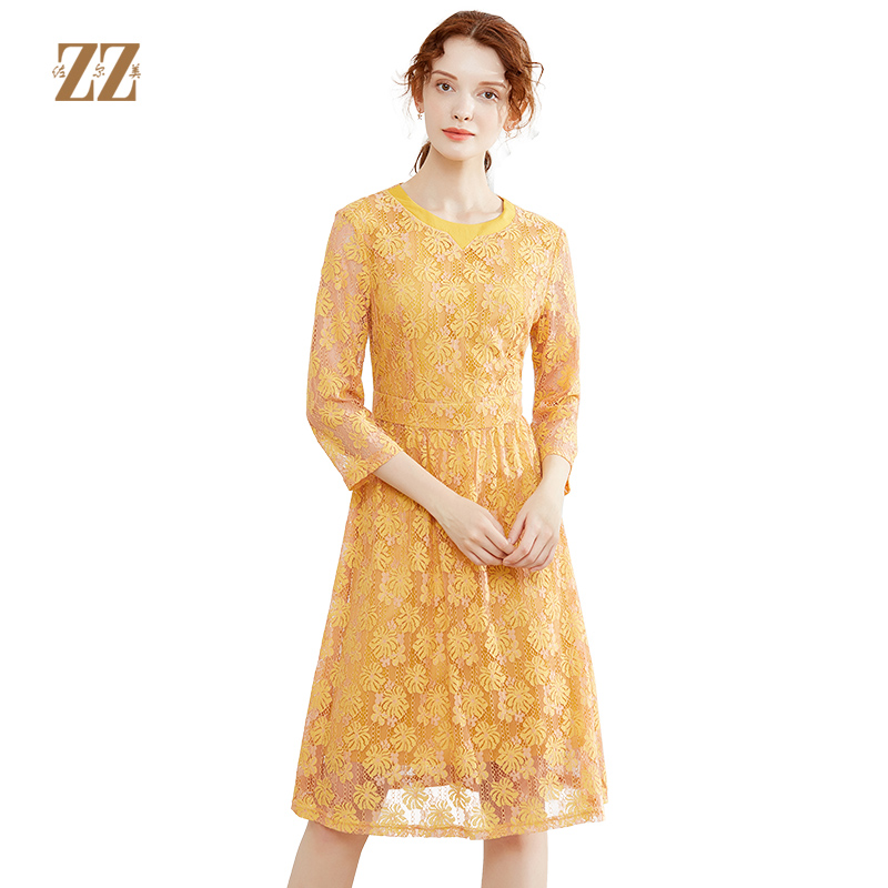 佐尔美秋季新款圆领镂空长袖收腰连衣裙女长裙E93LL20