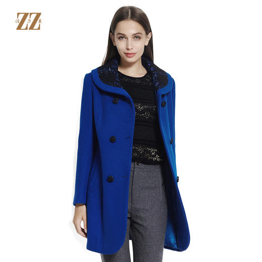 佐尔美新品秋冬新品纯色单排扣印花领中长款毛呢外套E64ZZ28 商品图1