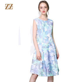 佐尔美新品中年女装印花甜美风修身显瘦无袖连衣裙淑女裙E61LL31