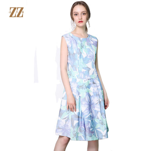 佐尔美新品中年女装印花甜美风修身显瘦无袖连衣裙淑女裙E61LL31 商品图0