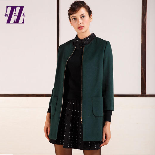 佐尔美圆领拼皮中长款九分袖毛呢大衣拉链羊毛呢子外套女E44ZZ91 商品图0