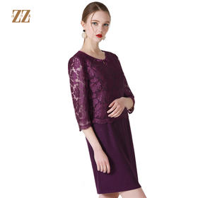 佐尔美春秋女装蕾丝纯色修身显瘦拼接中袖连衣裙中裙E71LL24