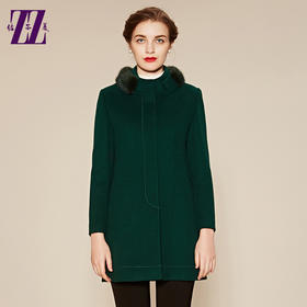 佐尔美冬季新款羊毛呢外套女中长款圆领毛领呢大衣E64ZO32