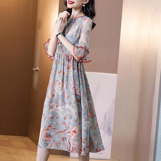 SS-05-1103新款中袖网纱印花拼接真丝连衣裙 商品图1