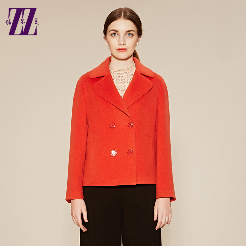 佐尔美新品冬季女装短款毛呢双排扣西装领呢子大衣外套E64ZD25