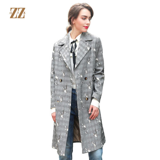 佐尔美春秋新款气质减龄女士过膝风衣中长款格纹宽松外套E83FZ32 商品图0