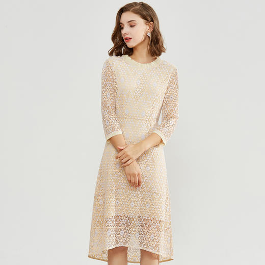 佐尔美秋季新款纯色高腰圆领七分袖蕾丝连衣裙E93LL23 商品图1
