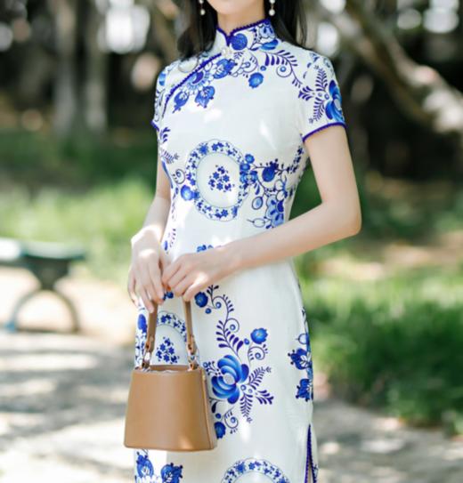 SYK-186157复古中国风青花瓷提花棉旗袍 商品图2