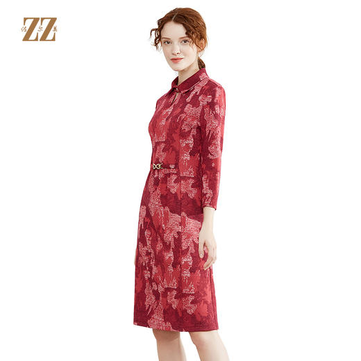 佐尔美秋季新款喜庆妈妈装七分袖气质红裙E93LL15 商品图0