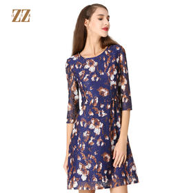 佐尔美秋季女装新品碎花蕾丝修身收腰显瘦中袖连衣裙E73LL17