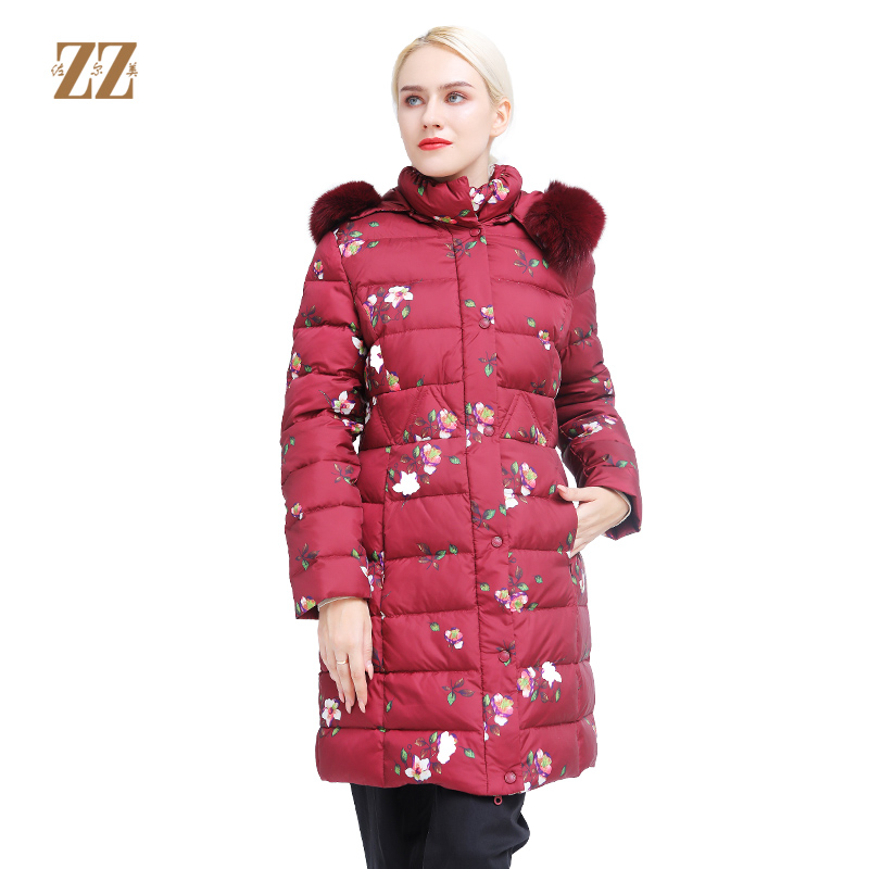 佐尔美冬季新款加厚气质复古长款连帽狐毛领羽绒服E84YH03