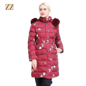 佐尔美冬季新款加厚气质复古长款连帽狐毛领羽绒服E84YH03