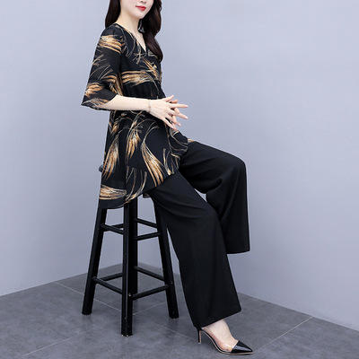 XFFS-5461新款胖mm雪纺衫宽松遮肚阔腿裙裤两件套 商品图2