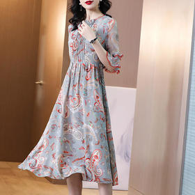 SS-05-1103新款中袖网纱印花拼接真丝连衣裙