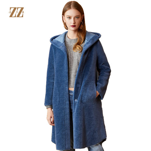 佐尔美新品冬季新品 中老年减龄纯色连帽羊剪绒大衣外套E84YJ33 商品图0