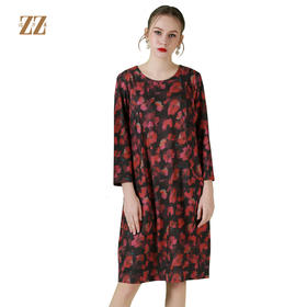 佐尔美春秋女装印花绣花修身显瘦度假风九分袖连衣裙E71LL11