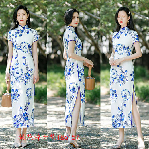 SYK-186157复古中国风青花瓷提花棉旗袍 商品图1