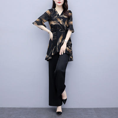 XFFS-5461新款胖mm雪纺衫宽松遮肚阔腿裙裤两件套 商品图1