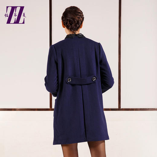 佐尔美圆领拼皮中长款九分袖毛呢大衣拉链羊毛呢子外套女E44ZZ91 商品图4