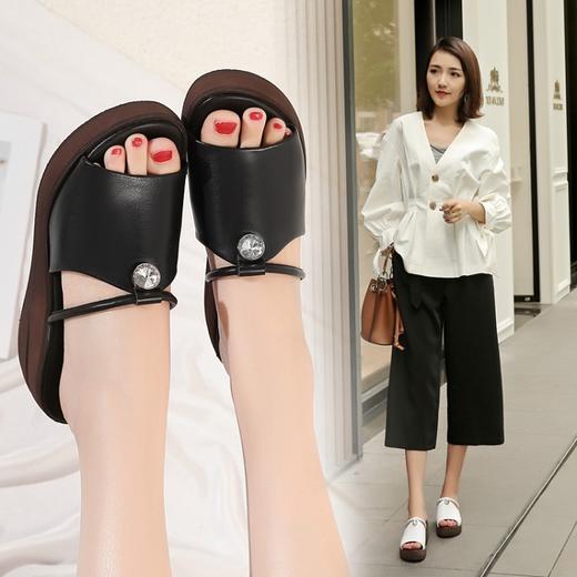 MJM-7737夏季真牛皮坡跟时尚凉拖鞋一字带鱼嘴厚底高跟女鞋 商品图1