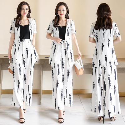 CQ 5825-1 新款OL气质女套装中长款薄款短袖外套印花阔腿裤裙裤两件套 商品图0