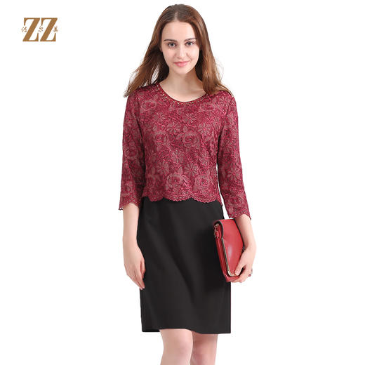 佐尔美佐尔美秋装女新款假两件蕾丝碎花修身连衣裙E73LL22 商品图0