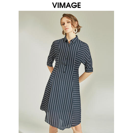 VIMAGE纬漫纪女装通勤气质不规则裙摆条纹衬衫连衣裙V1107757 商品图0