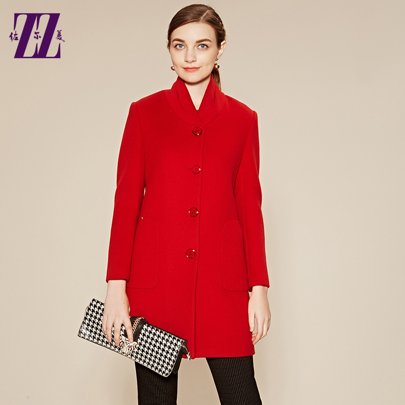佐尔美秋冬新款女装毛呢外套女中长款修身毛大衣女大红E64ZZ31