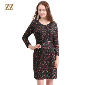 佐尔美秋装女新款黑色碎花修身秋冬长袖束腰连衣裙E73LL31