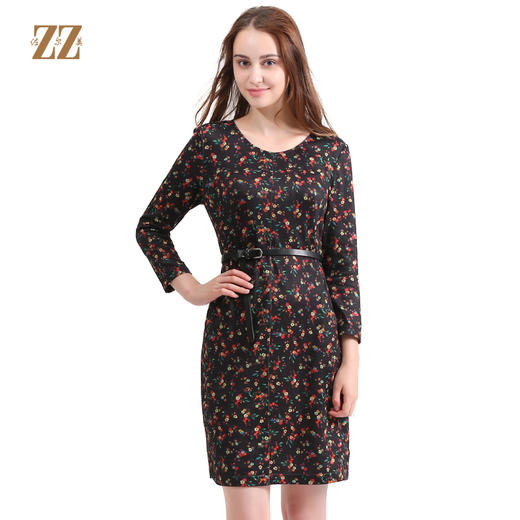 佐尔美秋装女新款黑色碎花修身秋冬长袖束腰连衣裙E73LL31 商品图0