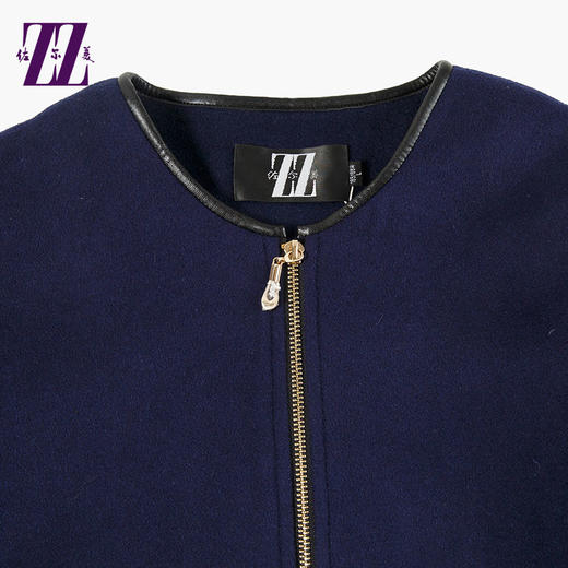 佐尔美圆领拼皮中长款九分袖毛呢大衣拉链羊毛呢子外套女E44ZZ91 商品图3