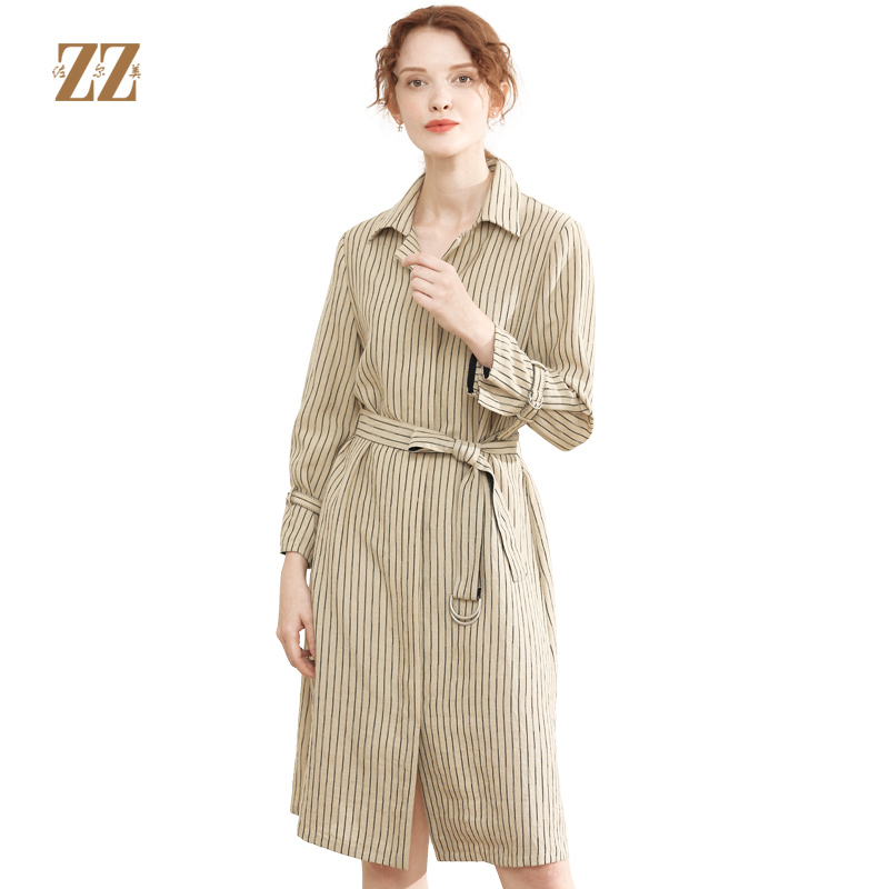 佐尔美秋季新款潮流条纹西装领长袖收腰长风衣E93FC14