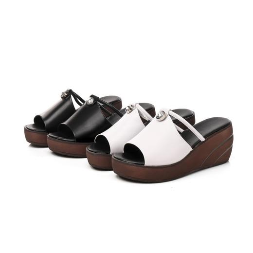 MJM-7737夏季真牛皮坡跟时尚凉拖鞋一字带鱼嘴厚底高跟女鞋 商品图4