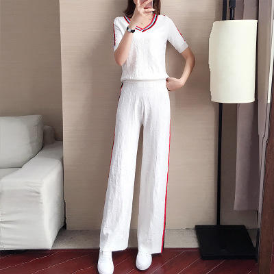 ht668787休闲阔腿裤套装女夏季2020新款洋气女士时尚冰丝针织运动服两