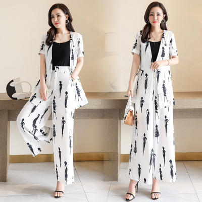 CQ 5825-1 新款OL气质女套装中长款薄款短袖外套印花阔腿裤裙裤两件套 商品图1