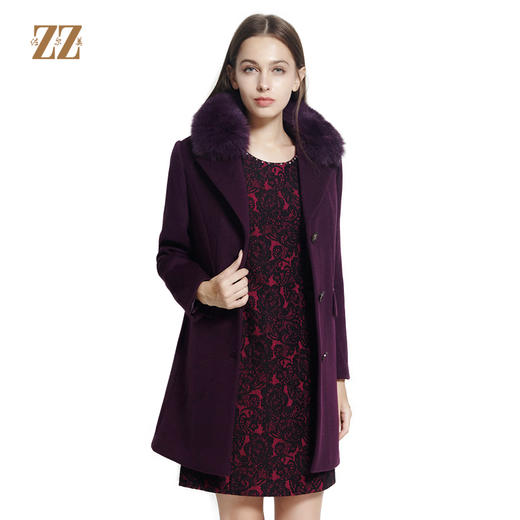 佐尔美秋冬新品纯色气质修身狐毛领长款毛呢外套E64ZH41 商品图0