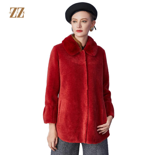 佐尔美冬季新品中老年女士纯色简约气质羊剪绒大衣中短款E84YJ35 商品图0