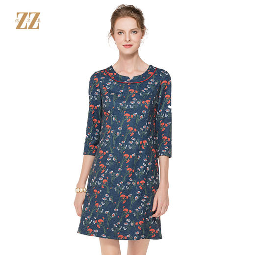 佐尔美新品秋季秋时尚圆领中袖中长款女士修身印花连衣裙E83LL36 商品图0