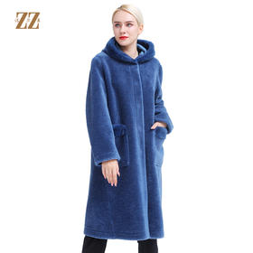 佐尔美冬季新款气质简约潮流纯色连帽羊剪绒大衣E84YJ32