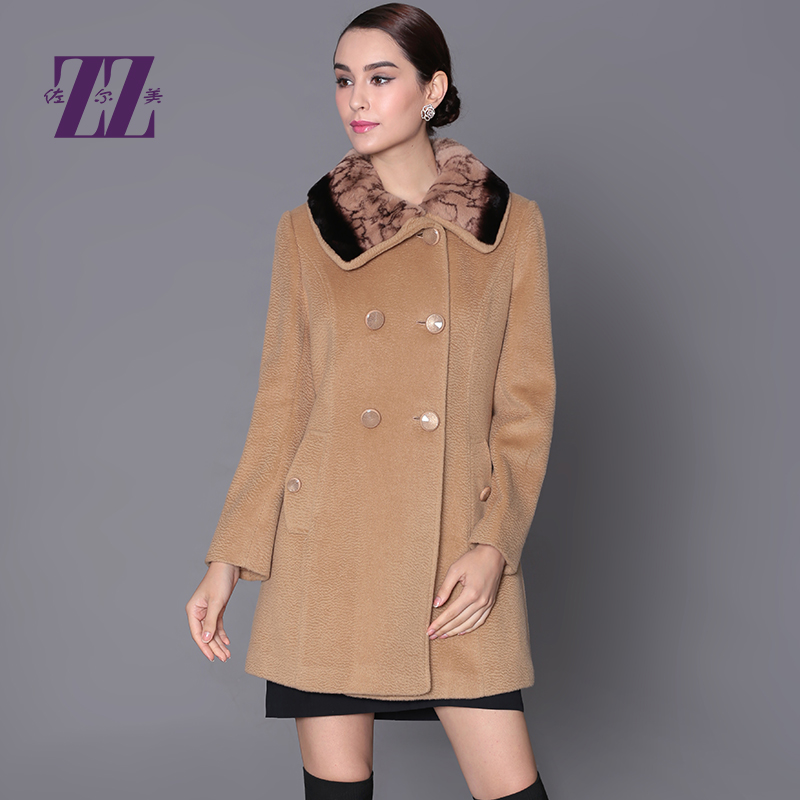 佐尔美气质优雅不规则兔毛领中长羊毛外套Z14ZT32